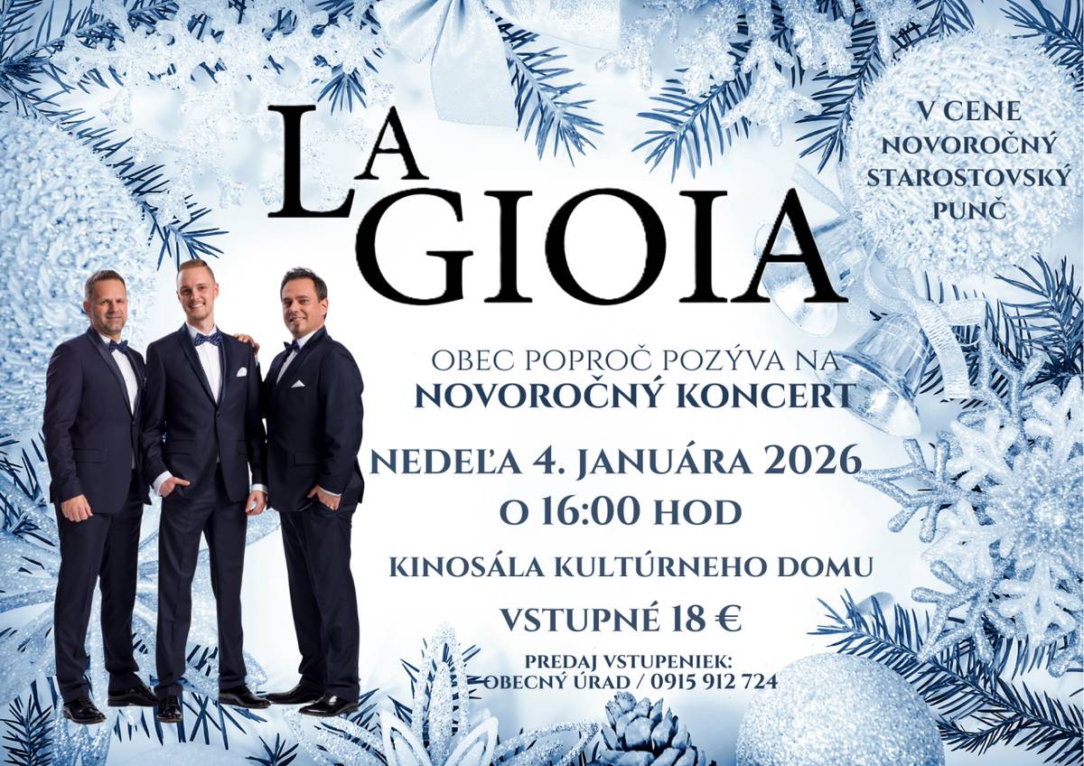 Obec Poproč pozýva všetkých na Novoročný koncert, ktorý sa uskutoční v nedeľu 4. januára 2026 o 16:00 v kinosále kultúrneho domu.