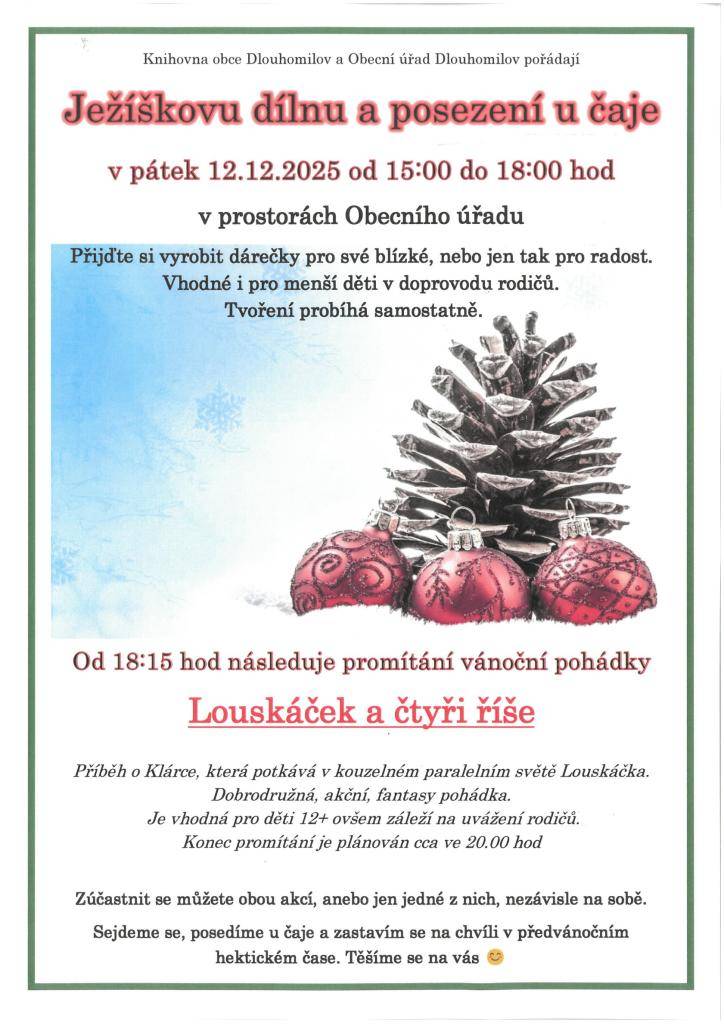Místní knihovna Dlouhomilov pořádá vánoční dílničky a promítání vánoční pohádky "Louskáček a čtyři říše".