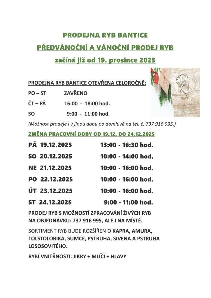 Předvánoční a vánoční prodej ryb