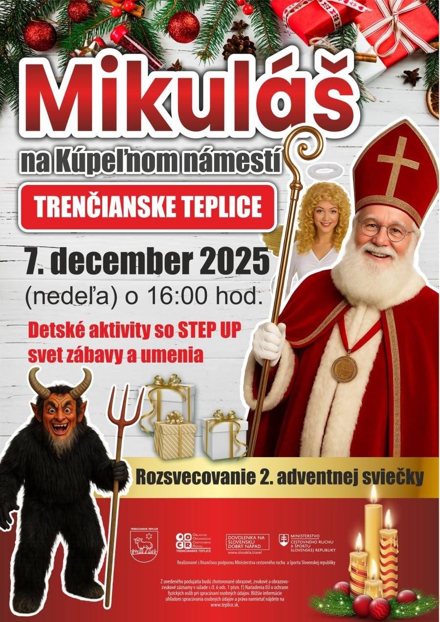 Milé deti a rodičia z Trenčianskych Teplíc, blíži sa magický čas adventu a s ním aj radostná udalosť, na ktorú sa najmä tí najmenší tešia celý rok – príchod sv. Mikuláša. Aj tento rok sa u nás v Trenčianskych Tepliciach zastaví a spoločne oslávime jeho návštevu. Kedy a kde? Očakávame, že Mikuláš k nám zavíta v nedeľu 7. decembra 2025 o 16.00 h na Kúpeľné námestie. Pripravte sa na čarovnú atmosféru, plnú svetiel, zábavy, úsmevov a predvianočnej radosti. Sladké balíčky pre deti zo ZŠ a MŠ Všetky deti zo Základnej školy Andreja Bagara a Materskej školy v Trenčianskych Tepliciach už majú zabezpečené poukážky na sladké balíčky od Mikulášových pomocníkov. Nezabudnite si ich priniesť 7. decembra na Kúpeľné námestie, kde vám ich vymenia za sladké prekvapenia. A čo deti, ktoré ešte školu nenavštevujú? Mysleli sme aj na vás. Deti od 2 rokov až po žiakov 4. ročníka s trvalým pobytom v Trenčianskych Tepliciach si môžu prísť pre poukážky spolu s rodičmi do Klientskeho centra Mestského úradu. Poukážky budú k dispozícii od pondelka 1. decembra do piatku 5. decembra počas úradných hodín. Nechajte sa unášať adventnou atmosférou a príďte si užiť stretnutie so sv. Mikulášom v plnej paráde. Tešíme sa na vás a vaše úsmevy.