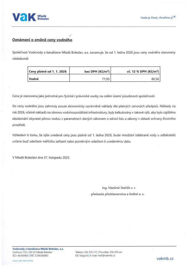Společnost VAK Mladá Boleslav oznamuje změnu ceny vodného, které nabývají platnosti 1.1.2026.