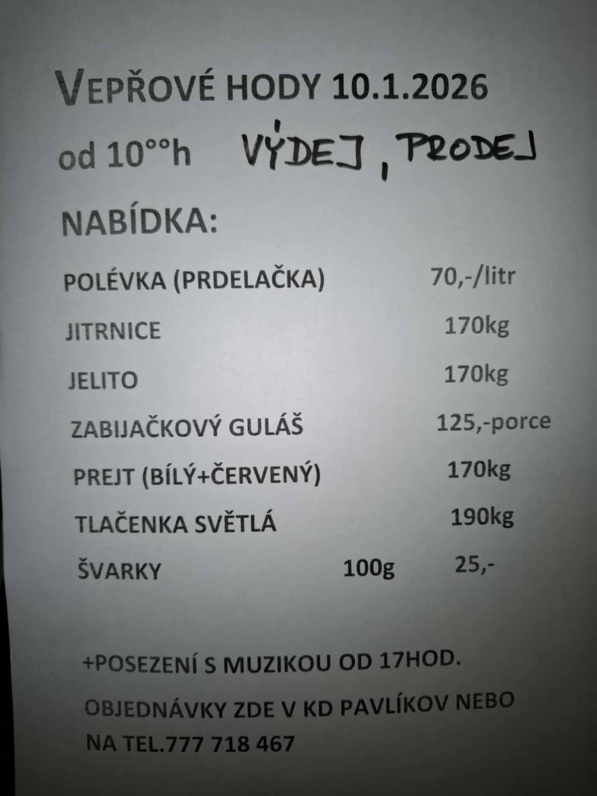 Vepřové hody 10.1.2026 v KD Pavlíkov od 10:00 hod. výdej, prodej. Objednávky v KD Pavlíkov nebo na tel. 777 718 467