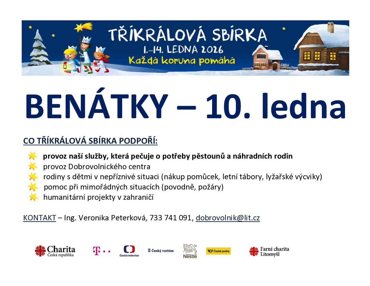 10. ledna 2026 budou chodit tři králové po Benátkách s koledou a přáním úspěšného roku s kasičkou. Charita Litomyšl všem předem děkuje za příspěvek.