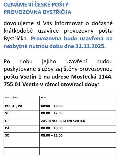 Jednodenní uzavření pošty Bystřička - středa 31.12.2025 - Silvestr