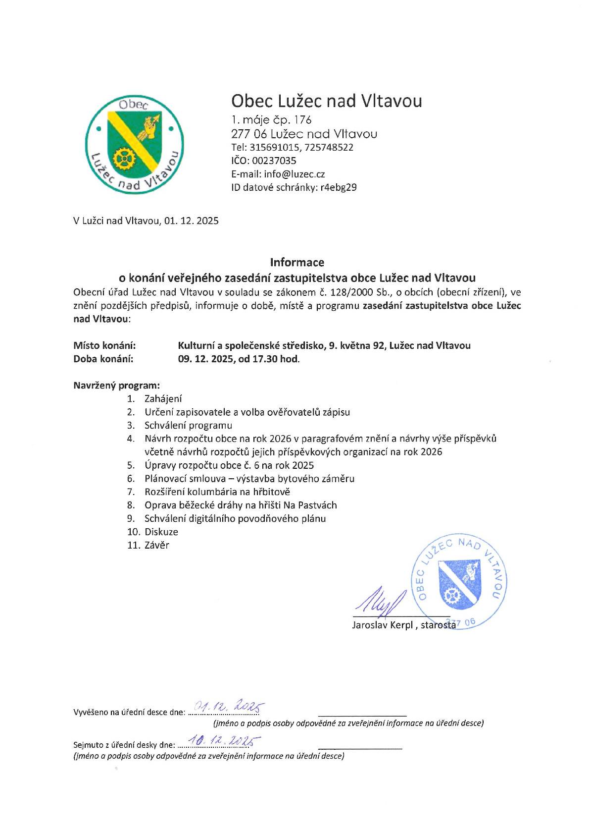 o konání veřejného zasedání zastupitestva obce Lužec nad Vltavou dne 09.12.2025 od 17.30 hod.