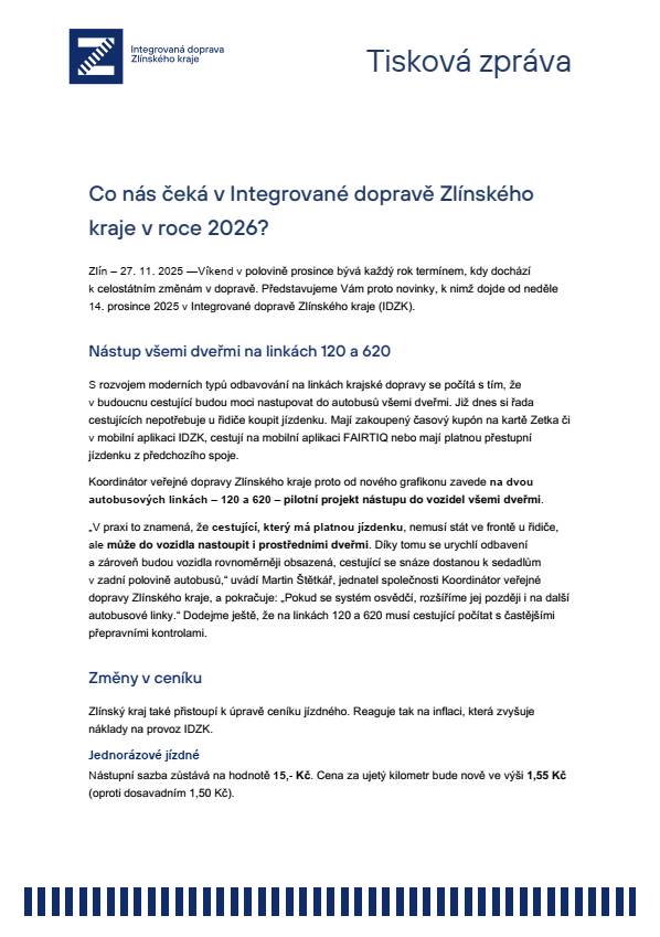 Obecné novinky, které nastanou v Integrované dopravě Zlínského kraje od neděle 14. prosince 2025.
