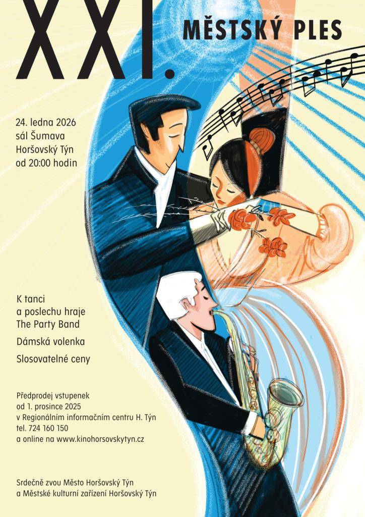Od dnešního dne 1. 12. 2025 začal v Informačním centru a online na www.kinohorsovskytyn.cz předprodej vstupenek na XXI. Městský ples, který se uskuteční 24. ledna 2026 od 20:00 hodin v sále Šumava. K tanci a poslechu zahraje The Party Band.