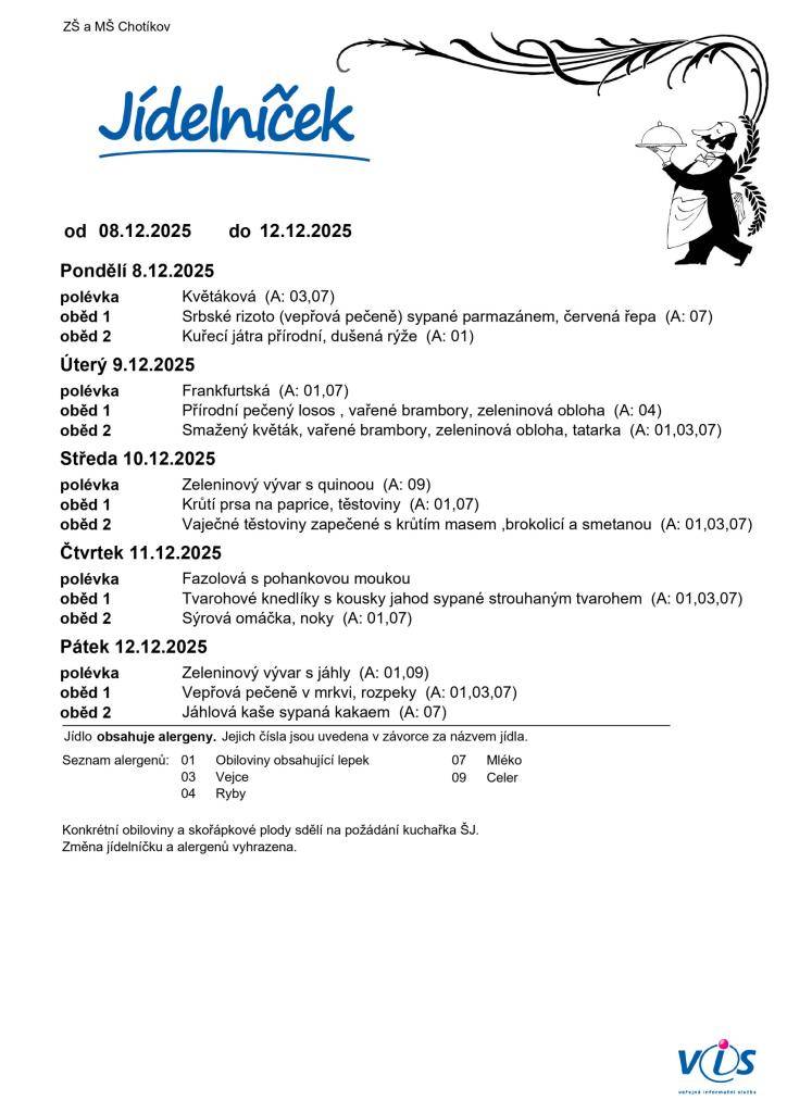 Jídelní lístek ZŠ a MŠ Chotíkov na týden 08. 12. 2025 - 12. 12. 2025.
