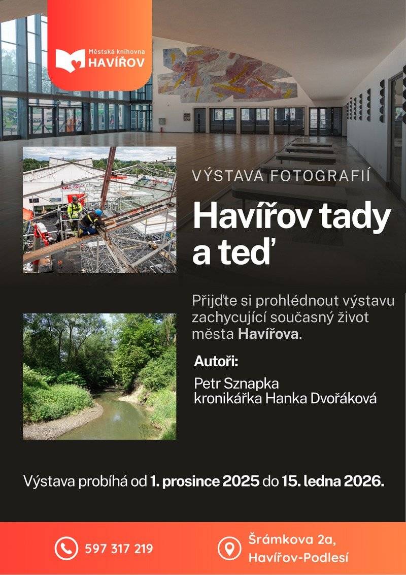 Městská knihovna Havířov srdečně zve na výstavu fotografií "Havířov tady a teď", která představuje současný život a tvář města očima fotografa Petra Sznapky a kronikářky Hany Dvořákové. Výstava probíhá od 1. prosince 2025 do 15. ledna 2026. Půjčovna pro dospělé, Šrámkova 2, Havířov - Podlesí https://knihovnahavirov.cz/udalosti/havirov-tady-a-ted/