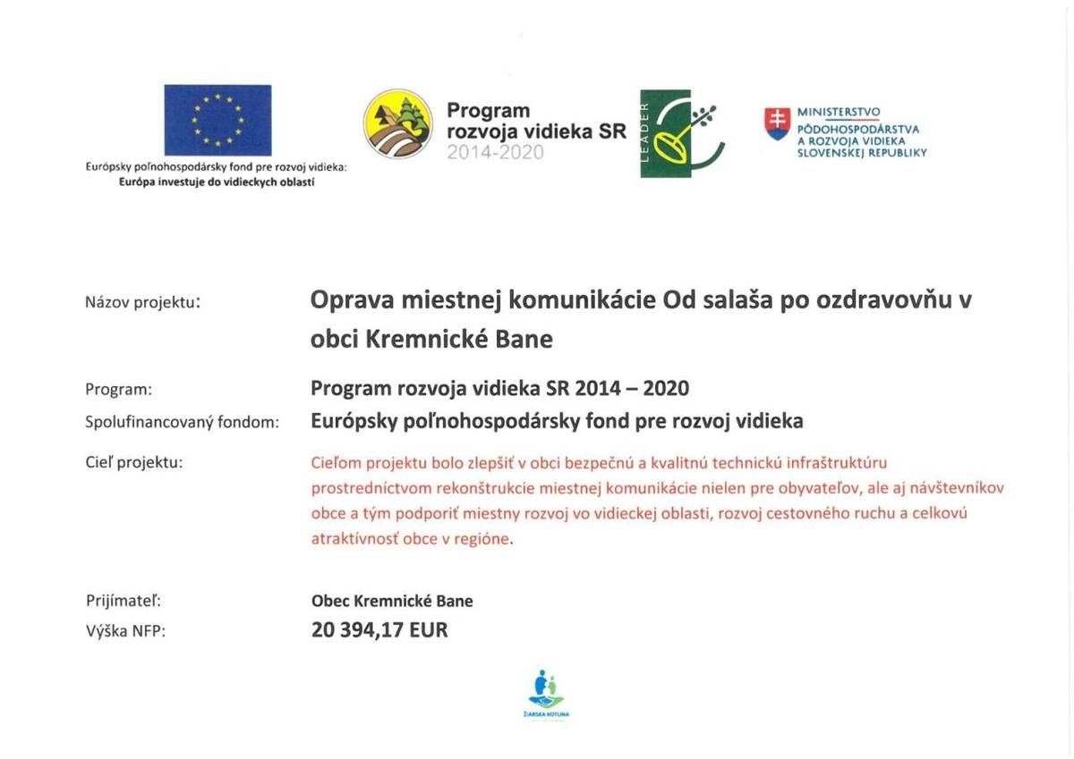 Oprava miestnej komunikácie Od salaša po ozdravovňu v obci Kremnické Bane