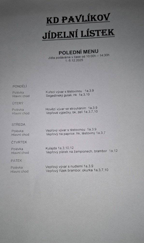 Jídelní lístek KD Pavlíkov  1.12.-5.12.2025