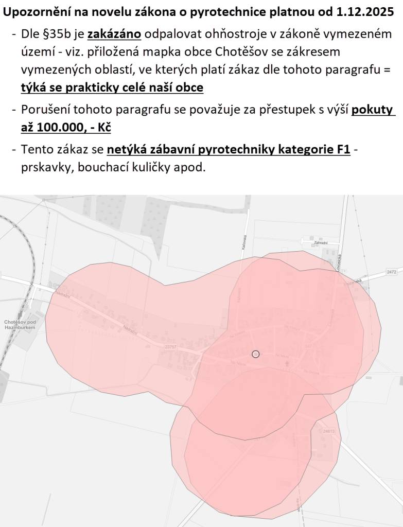 S platností od pondělí 01.12.2025 je v obci Chotěšov zákonem o pyrotechnice zakázáno odpalovat ohňostroje na skoro celém jejím území. Porušení zákona může být potrestáno pokutou až 100.000 Kč. Zábavní pyrotechnika kategorie F1, jako jsou prskavky a bouchací kuličky, zůstává povolena.
