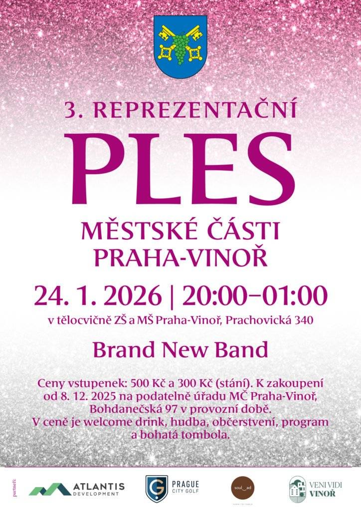 3. reprezentační ples se bude konat v sobotu 24. 1. 2026 v tělocvičně naší školy. Uložte si datum do svých diářů. Lístky budou v prodeji od pondělí 8. 12. v podatelně úřadu. Těšíme se na Vás!