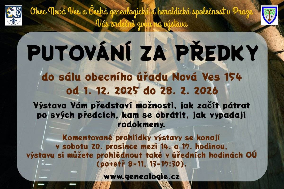 Zajímá Vás pátrání po předcích, láká Vás sestavování rodokmenů či objevování zajímavé historie? Pak si nenechte ujít výstavu, kterou jsme pro Vás ve spolupráci s Českou genealogickou a heraldickou společností připravili v sále obecního úřadu.  Navštívit ji můžete během otevíracích hodin obecního úřadu, během akcí v sále a také v sobotu 20. prosince odpoledne - členka genealogické společnosti Vás výstavou osobně provede a poradí Vám, jak se do pátrání po předcích pustit. Kultura Nová Ves