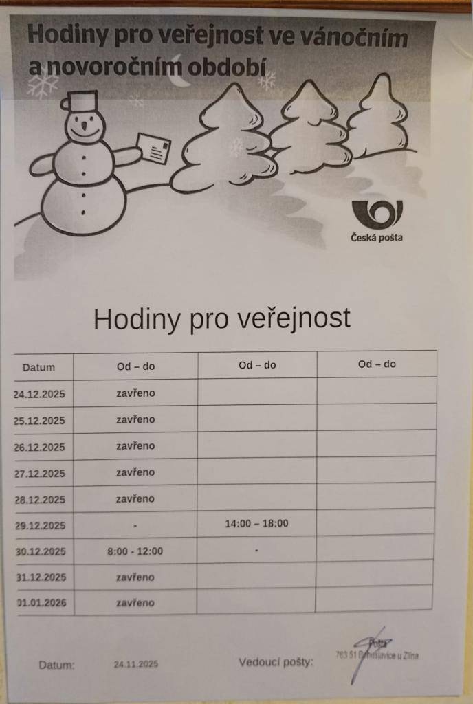 Pošta Bohuslavice u Zlína informuje o otevírací době během Vánočních svátků: