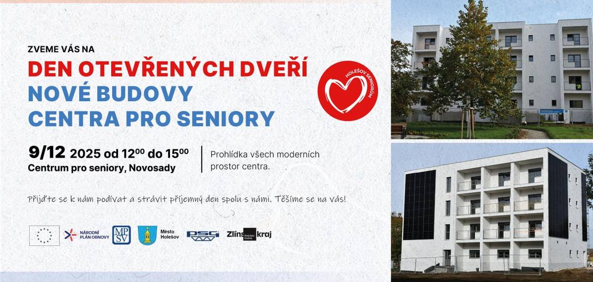 Zveme vás na prohlídku zcela nové moderní budovy Centra pro seniory v Novosadech. Přijďte se podívat, jak budou vypadat prostory, ve kterých najdou zázemí naši senioři.     9. prosince 2025   12:00–15:00   Centrum pro seniory, Novosady Holešov