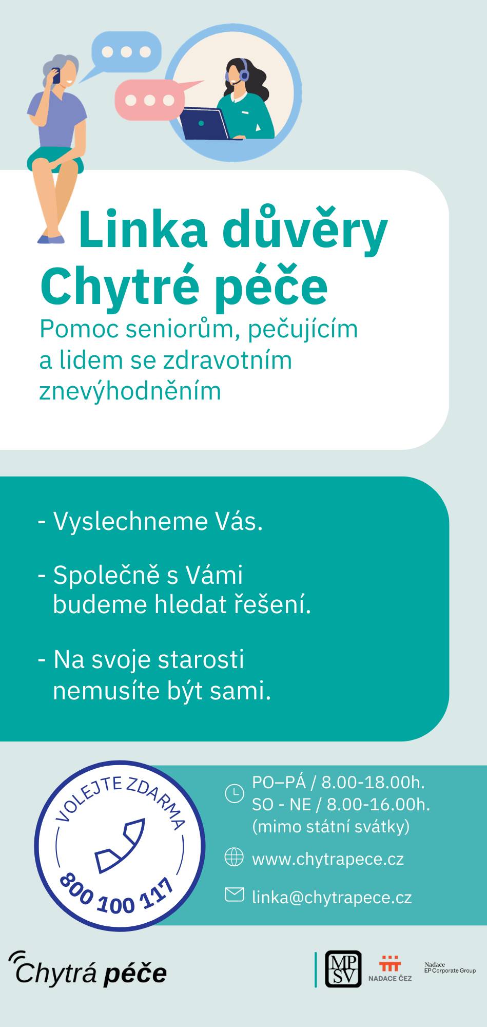 Linka je celostátní a zcela bezplatná. Najdete nás na čísle 800 100 117, fungujeme i o víkendu (leták s provozní dobou je v příloze). Volání je anonymní, člověk se u nás nemusí představovat ani říkat cokoli, co by sám nechtěl, může také kdykoli zavěsit. Díky tomu se lidé mohou svěřit i s věcmi, které by se jinak obávali říct doma nebo přátelům. Kdo se necítí na zavolání, může napsat i email.