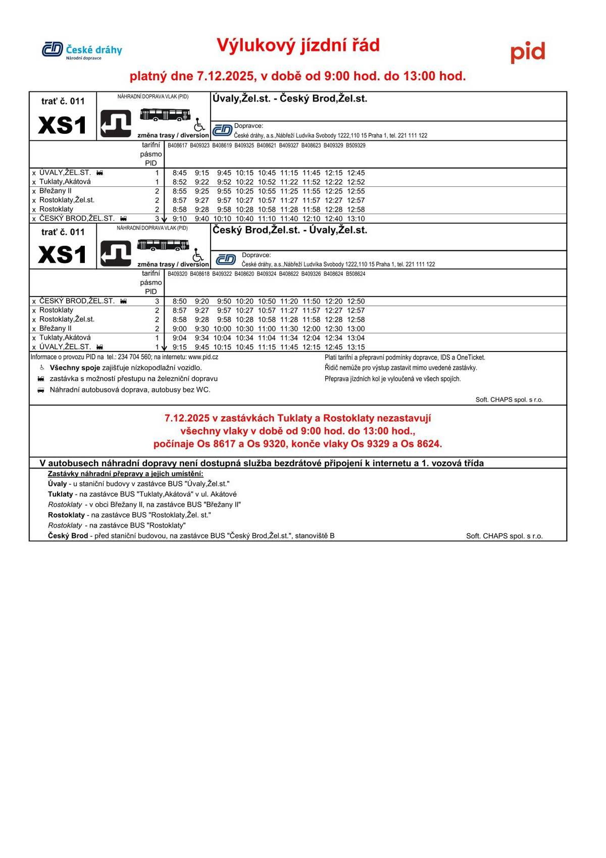 Po dobu výluky vlaky Os linky PID S1 neobsluhují zastávky Tuklaty a Rostoklaty. Náhradní obsluha zastávek Tuklaty a Rostoklaty je zajištěna autobusy náhradní dopravy. Náhradní doprava je organizována podle výlukového jízdního řádu. V Břežanech zastavují autobusy pouze na návsi. Více informací na: https://www.cd.cz/jizdni-rad/omezeni-provozu/vyluka/18819/