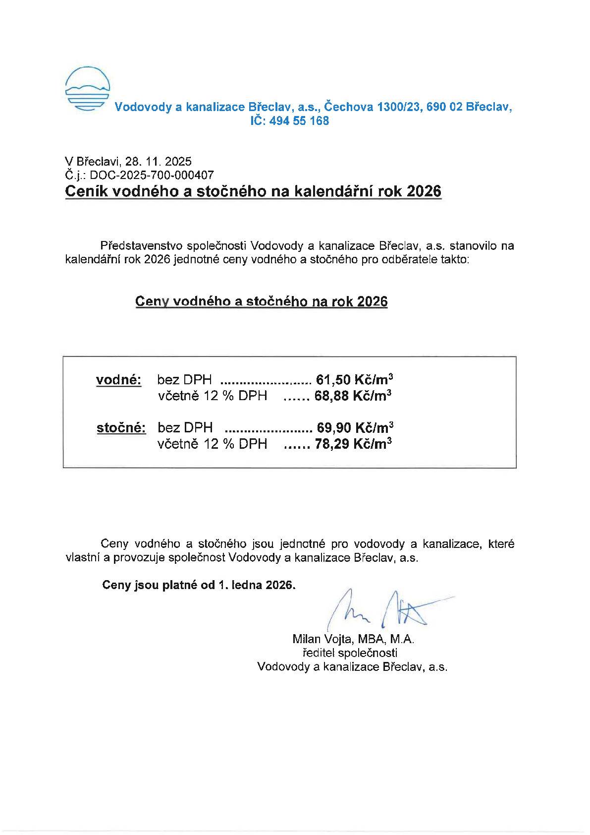 VaK Břeclav, a.s., stanovila jednotné ceny  vodného a stočného pro odběratele: