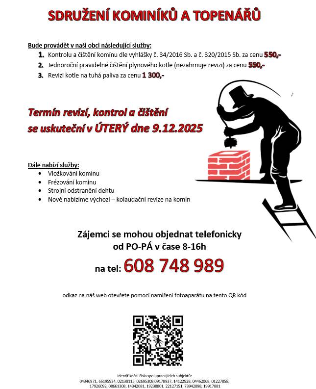 V úterý 9. prosince 2025 se uskuteční revize, kontrola a čištění kotlů Objednávat se můžete telefonicky od pondělí do pátku v čase 8-16 hodin na čísle 608 748 989. Pro více informací navštivte naše webové stránky pomocí QR kódu.
