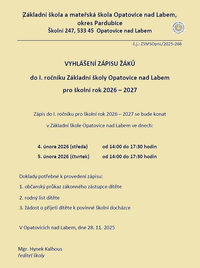 Vyhlášení zápisu žáků do I. ročníku ZŠ