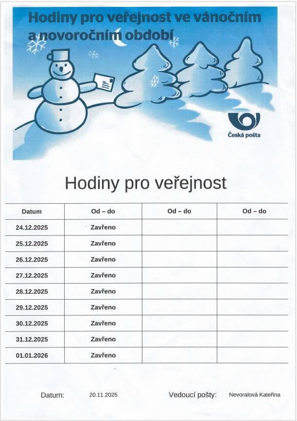 Pošta Partner Šumná -   hodiny pro veřejnost ve vánočním a novoročním období