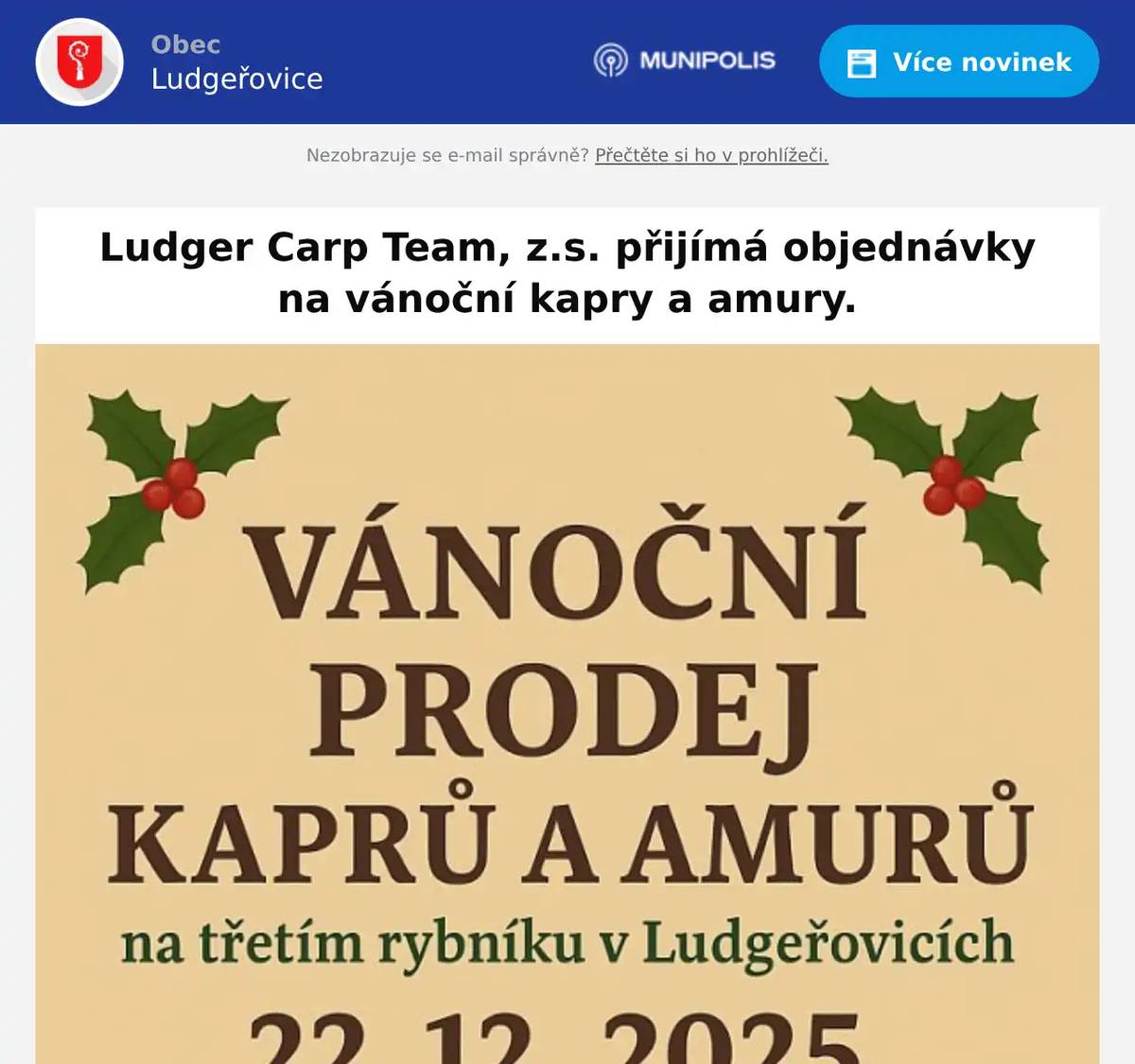 kapr 135 Kč/kgamur 145 Kč/kg Objednávky přijímají do 19.12.2025!