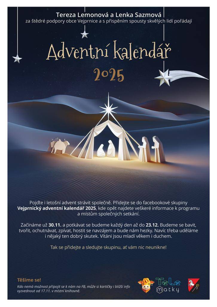 Vánoce se blíží a celý měsíc prosinec  je ve Vejprnicích nabitý krásnými akcemi pro děti, dospělé i celé rodiny — a my se moc těšíme, až si je společně užijeme. Přehled prosincových akcí naleznete níže.