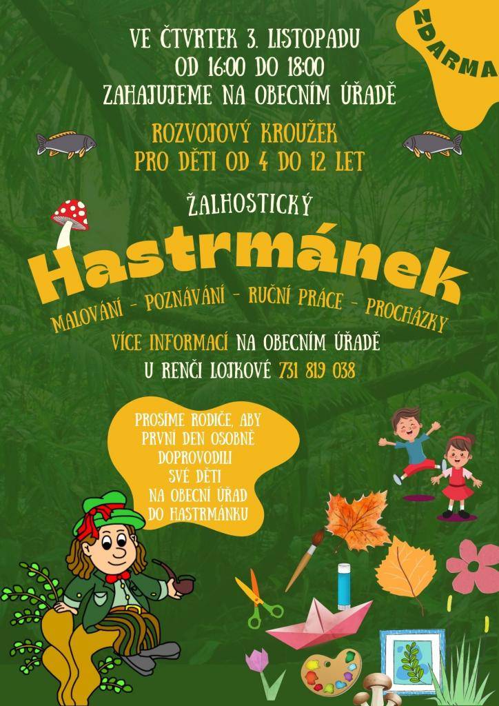 Od 3. listopadu zahajujeme rozvojový kroužek Hastrmánek pro děti od 4 do 12 let. Konat se bude každý čtvrtek od 16:00 do 18:00 hodin. Prosíme rodiče, aby první den osobně doprovodili své děti do Hastrmánku. Kroužek se koná v budově obecního úřadu. Těšíme se na Vás!