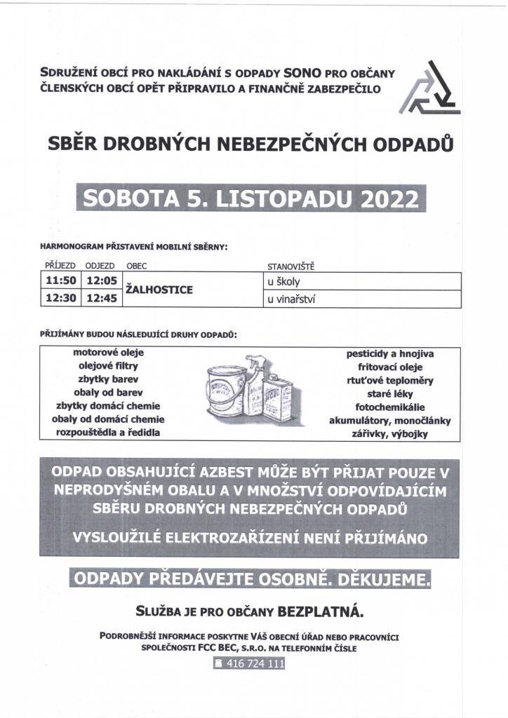 V sobotu 5. listopadu proběhne v obci sběr drobných nebezpečných odpadů. Přistavení mobilní sběrny: u školy od 11:50 do 12:05 hodin a u vinařství od 12:30 do 12:45 hodin Odpady předávejte osobně. Děkujeme.