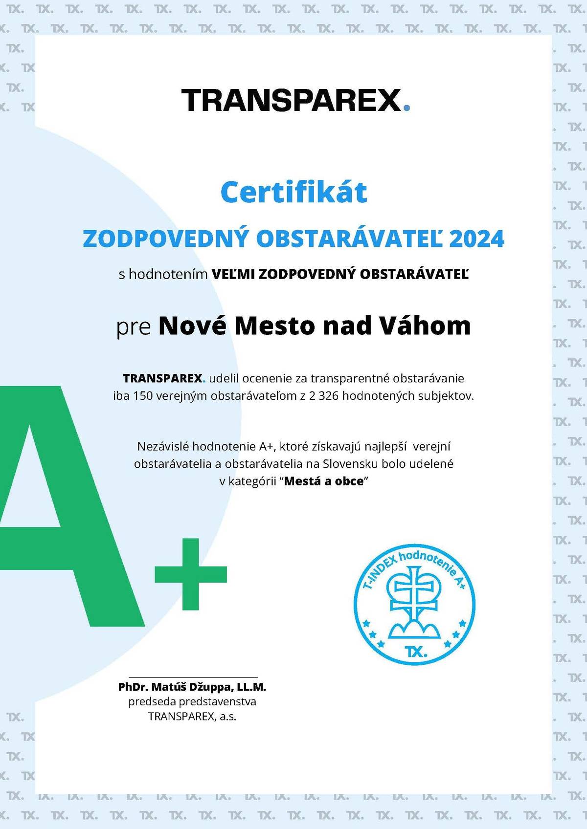 Máme skvelú správu! Získala ocenenie Zodpovedný obstarávateľ 2024 za vynikajúce výsledky v oblasti verejného obstarávania. Podľa analýzy portálu TRANSPAREX obstarávame zákazky transparentne, rýchlo a spoľahlivo, čím sme sa zaradili medzi špičku na Slovensku. Ďakujeme nášmu tímu za skvelú prácu a občanom za dôveru! Viac o hodnotení nájdete na stránke mesta. Získali sme prestížne ocenenie Zodpovedný obstarávateľ 2024 | www.nove-mesto.sk