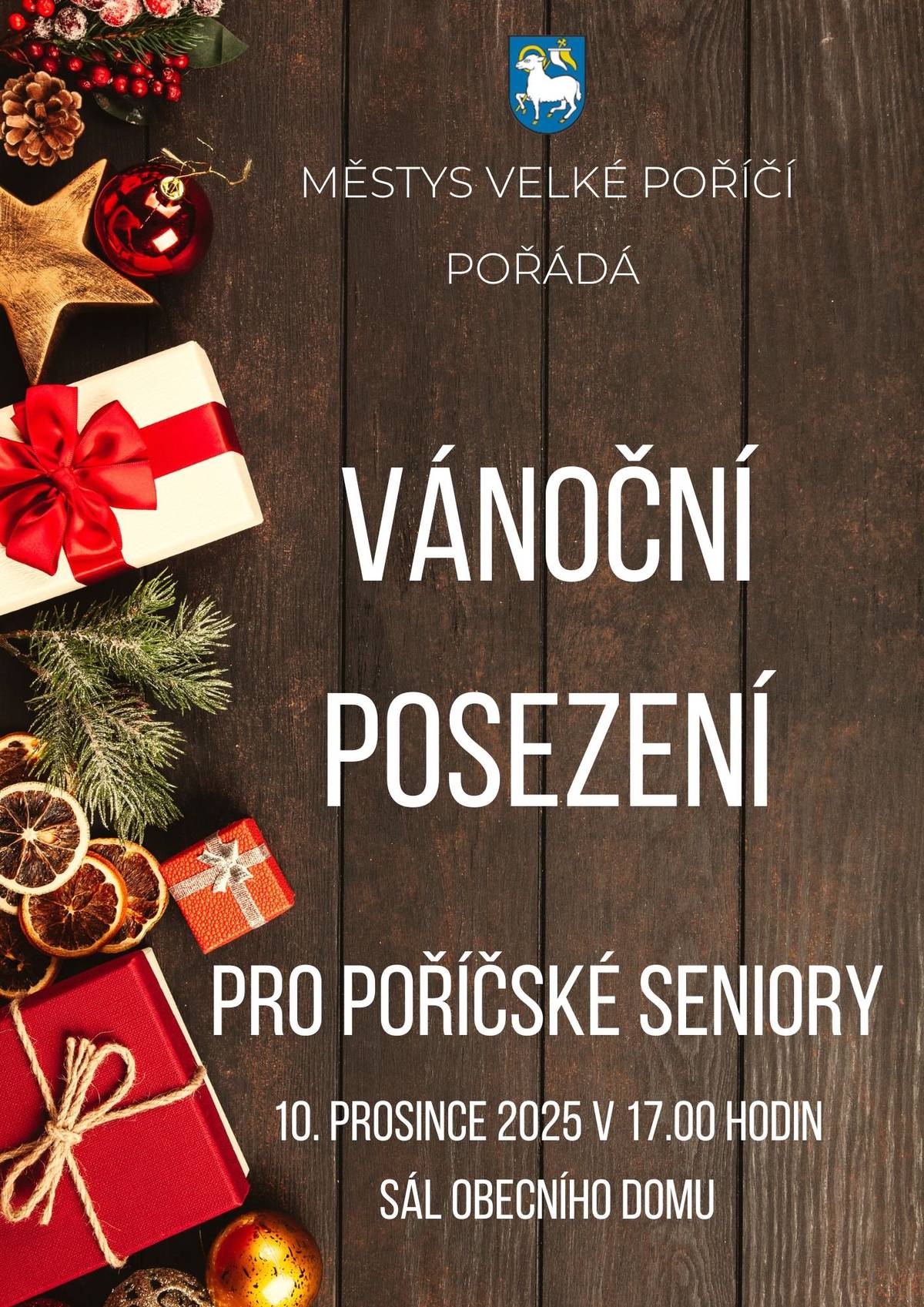 Ve středu 10. prosince zveme naše seniory od 17:00 hodin do sálu Obecního domu na vánoční posezení. Připravena je živá hudba, drobné občerstvení a přátelská atmosféra. Těšíme se na vás.