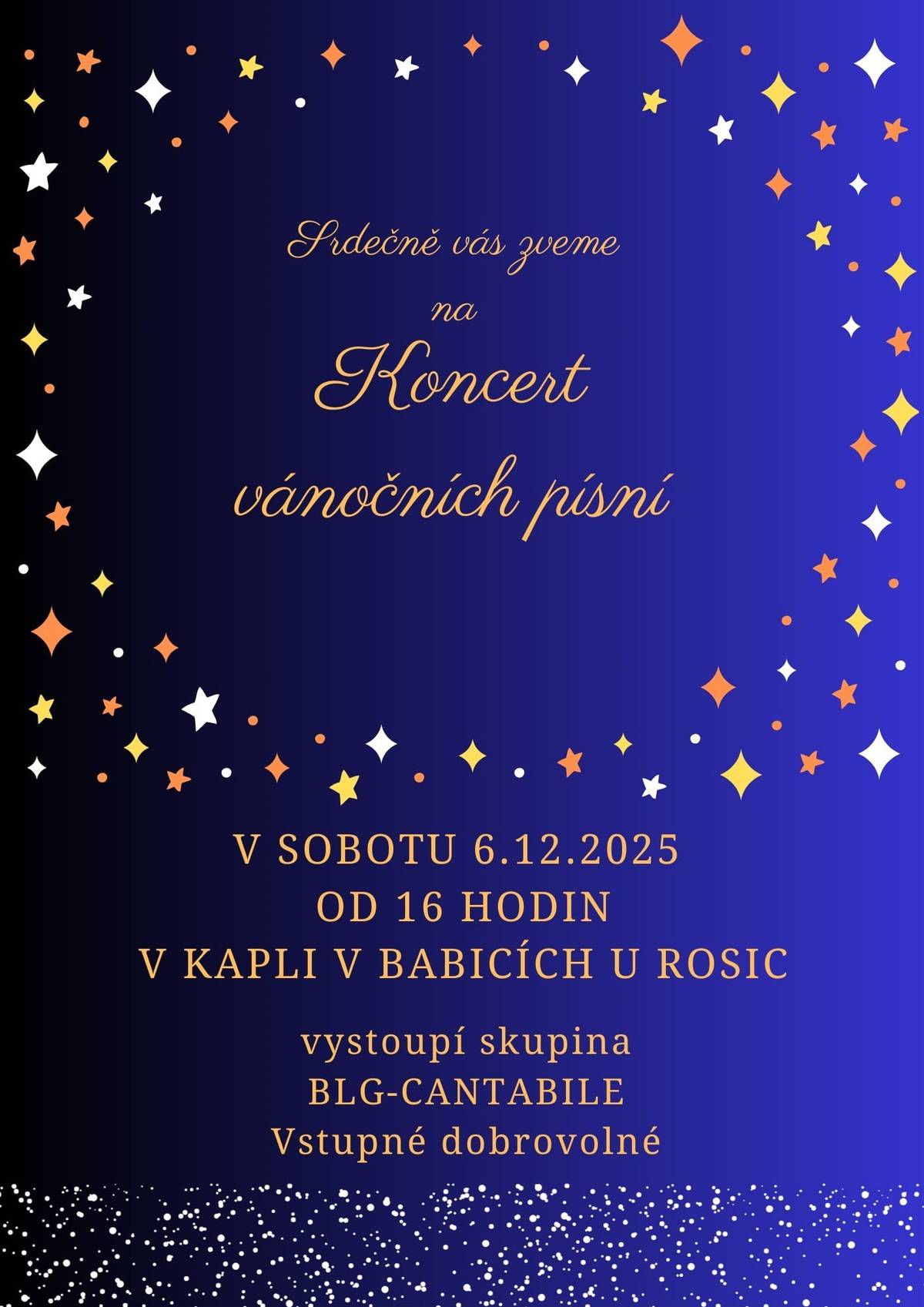 Pozvánka na Koncert vánočních písní v kapličce - v příloze. Babický adventní kalendář - v příloze. MUDr. Kubešová nebude ordinovat v pátek 5. 12. 2025, zástup MUDr. Valeš 7.30 - 11.00 hod.