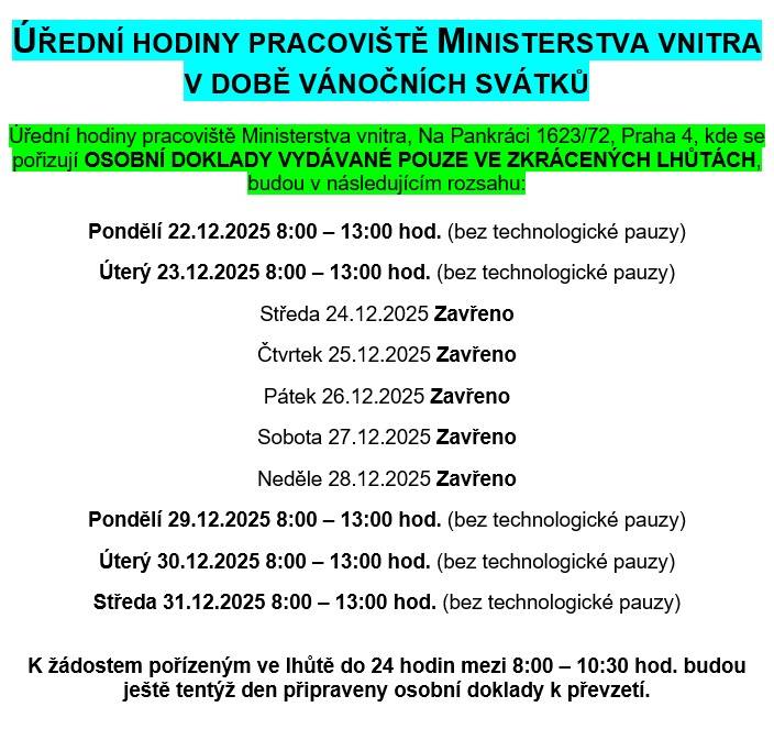 Ministerstvo vnitra ČR, odbor správních činností, informuje všechny úřady a občany o otevírací době pracoviště pro vydávání osobních dokladů ve zkrácených lhůtách mezi vánočními svátky v prosinci 2025.