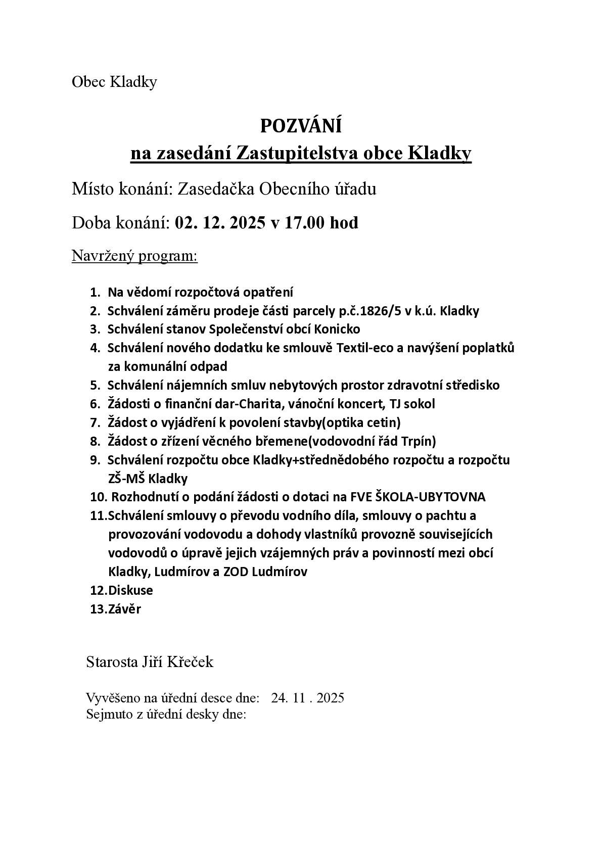 Zasedání ZO proběhne 2.12.2025 v 17:00 v zasedačce OÚ.