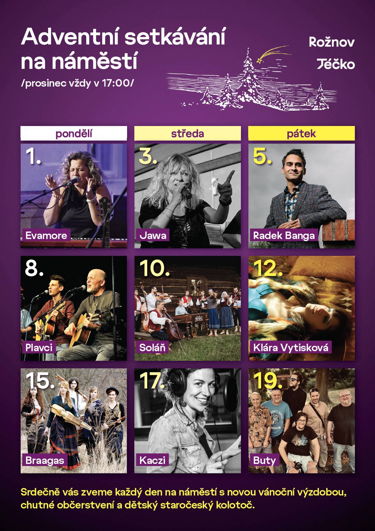 🎄Přijďte si užít nejkrásnější svátky v roce do Rožnova pod Radhoštěm, kde na vás čeká nová vánoční výzdoba a bohatý kulturní program 🎄 ❤️ Od 1. do 19. prosince každé pondělí, středu a pátek od 17 hodin si na Masarykově náměstí užijete bohatý hudební program.  ❤️Proběhnou také čtyři tradiční adventní koncerty rožnovské ZUŠ v kostele Všech svatých nebo Vánoční koncert Zbyňka Ternera ve Společenském domě. Program bude pokračovat až do 26. prosince, kdy v kostelíku svaté Anny proběhne Štěpánská koleda.  ❤️ Na Masarykově náměstí bude po celou dobu pro návštěvníky něco dobrého k pití i na zahřátí a pro naše nejmenší staročeský kolotoč.  🎅 V pátek 5. prosince bude pro všechny děti připravena od 14 do 16 hodin Mikulášská nadílka.