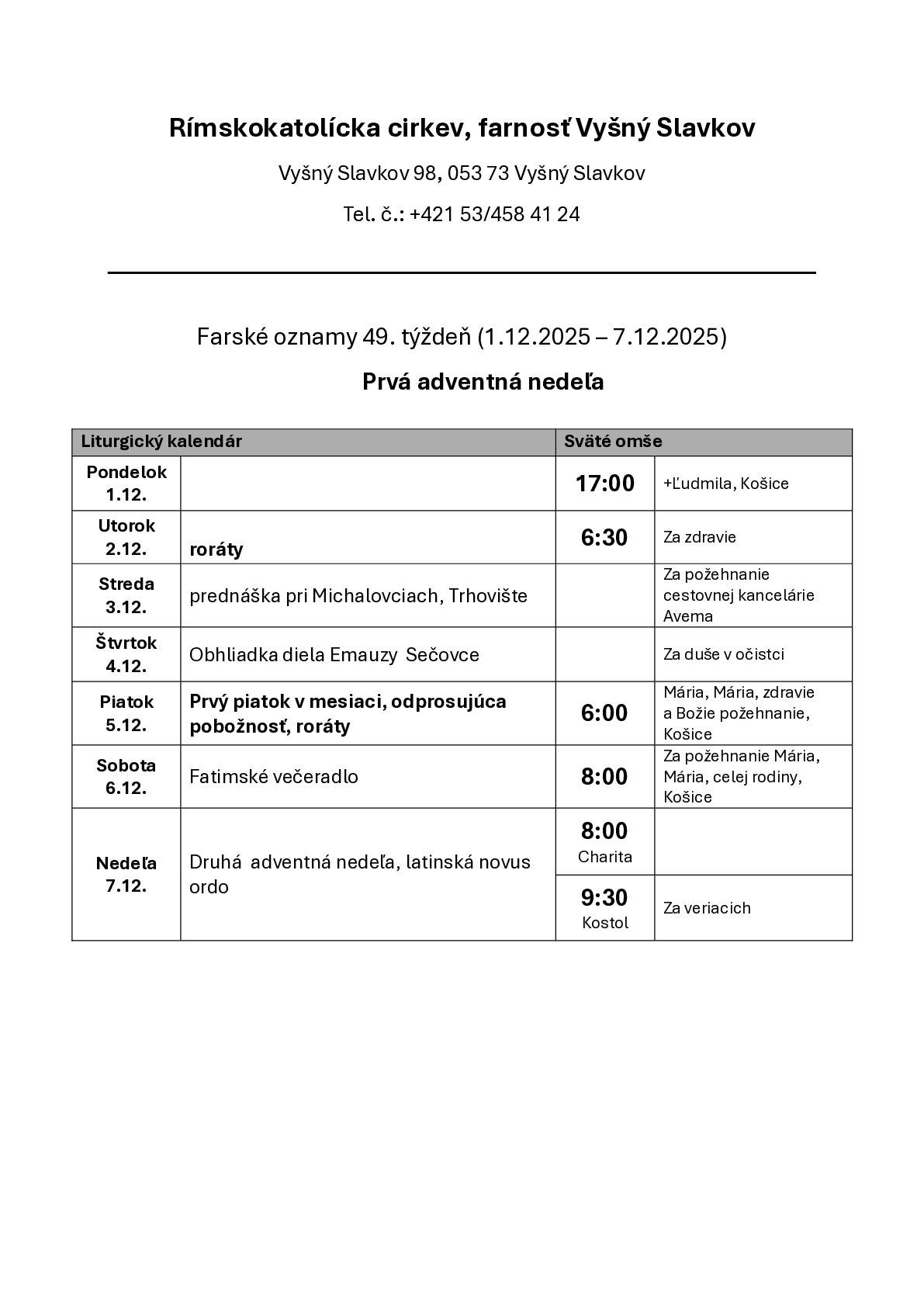 Farské oznamy na 49. týždeň