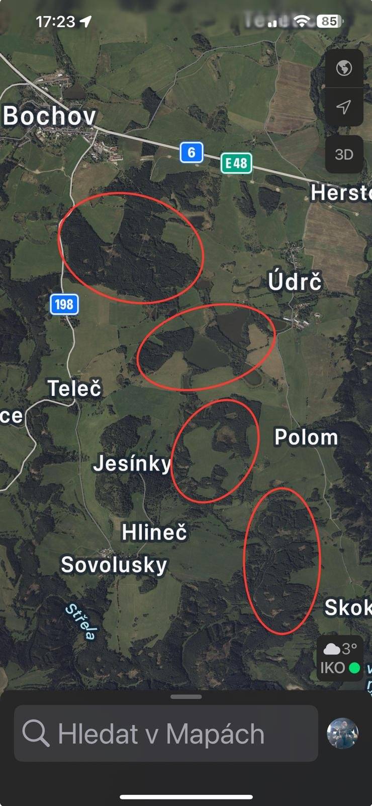 Ve dnech 5. - 6. 12. 2025 budou myslivci provádět naháňky v lokalitách uvedených v mapce (Jeřábek, Lágr - u Bochova, lesy u Údrče, Polomi a Skoků). Vyhněte se návštěvě těchto lesů. Díky.