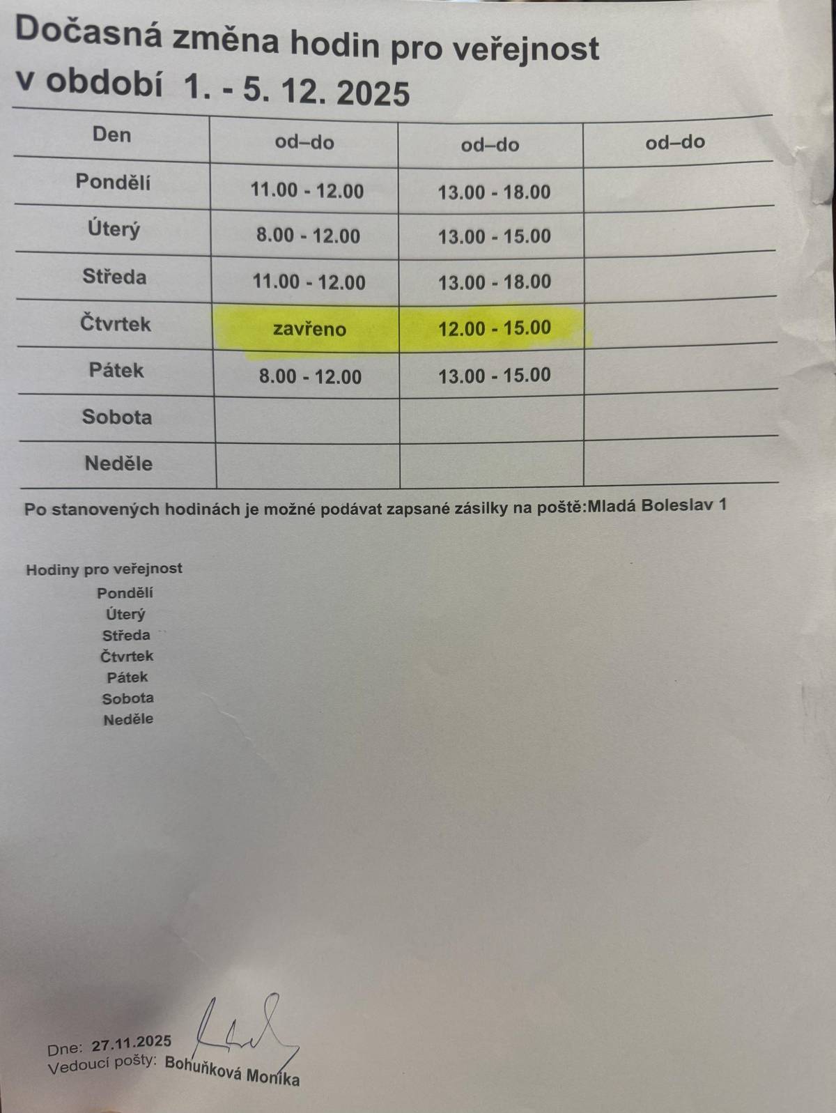 🔊Informace občanům: 📯 Pošta v Městys Chotětov bude ve čtvrtek dne 4.12.2025 dopoledne uzavřena ❌.