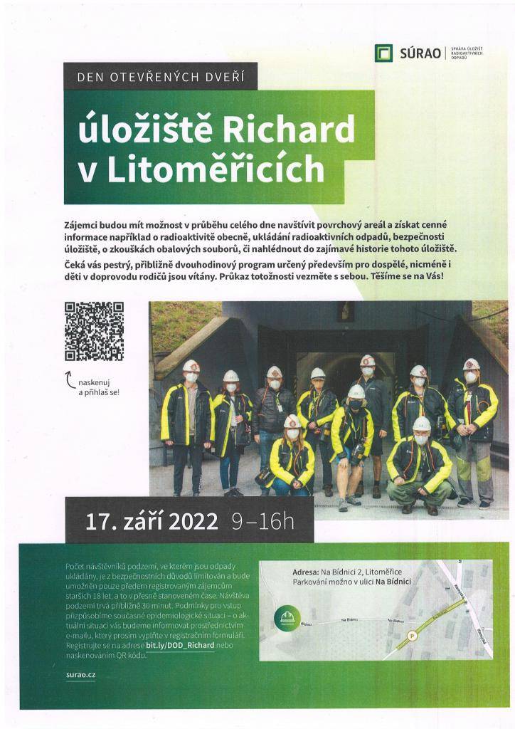 Rádi bychom vás opět pozvali na Den otevřených dveří na úložišti Richard u Litoměřic, který se bude konat v sobotu 17. září 2022 od 9 do 16 hodin.