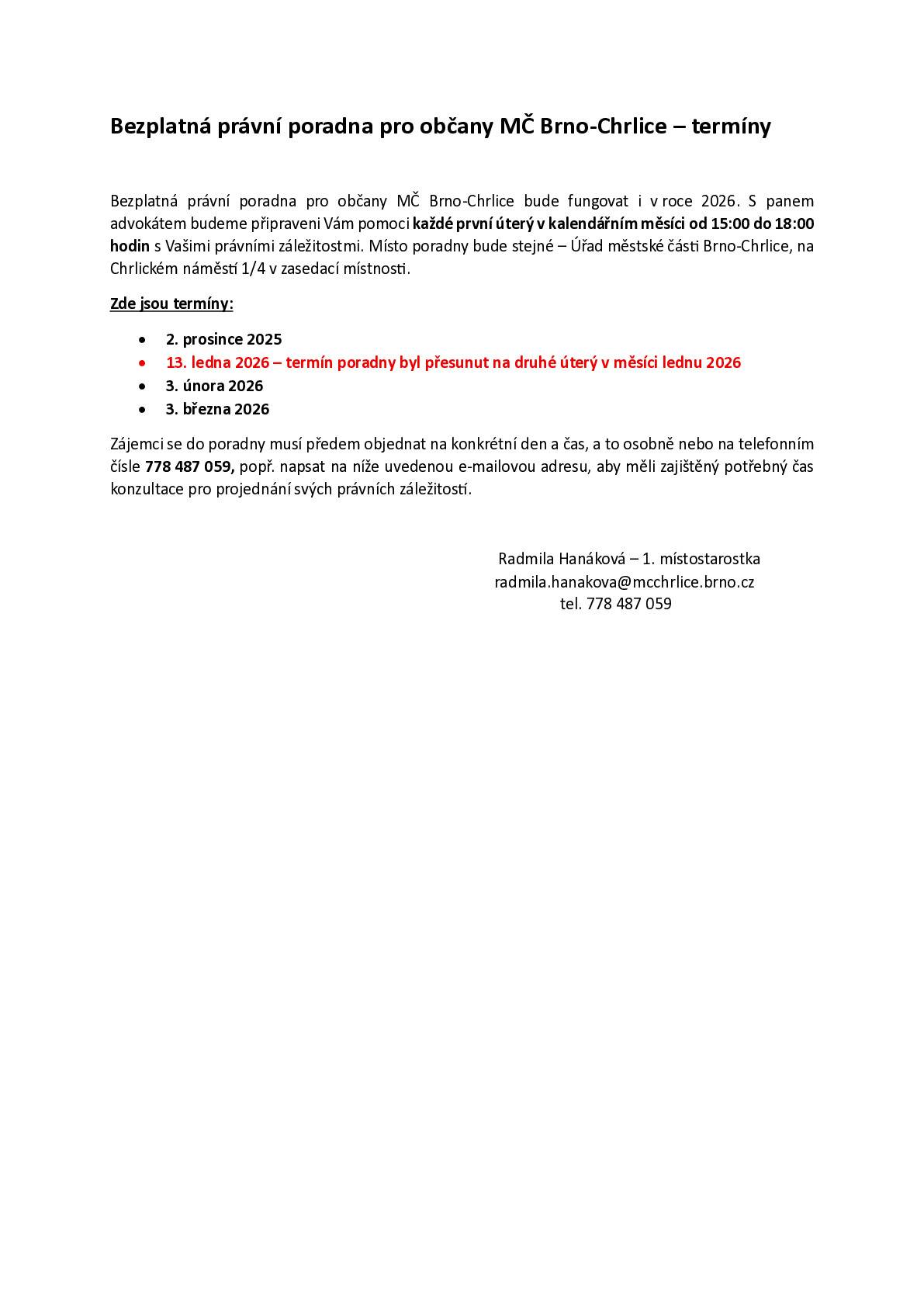 I v roce 2026 bude pro občany MČ Brno-Chrlice fungovat bezplatná právní poradna.