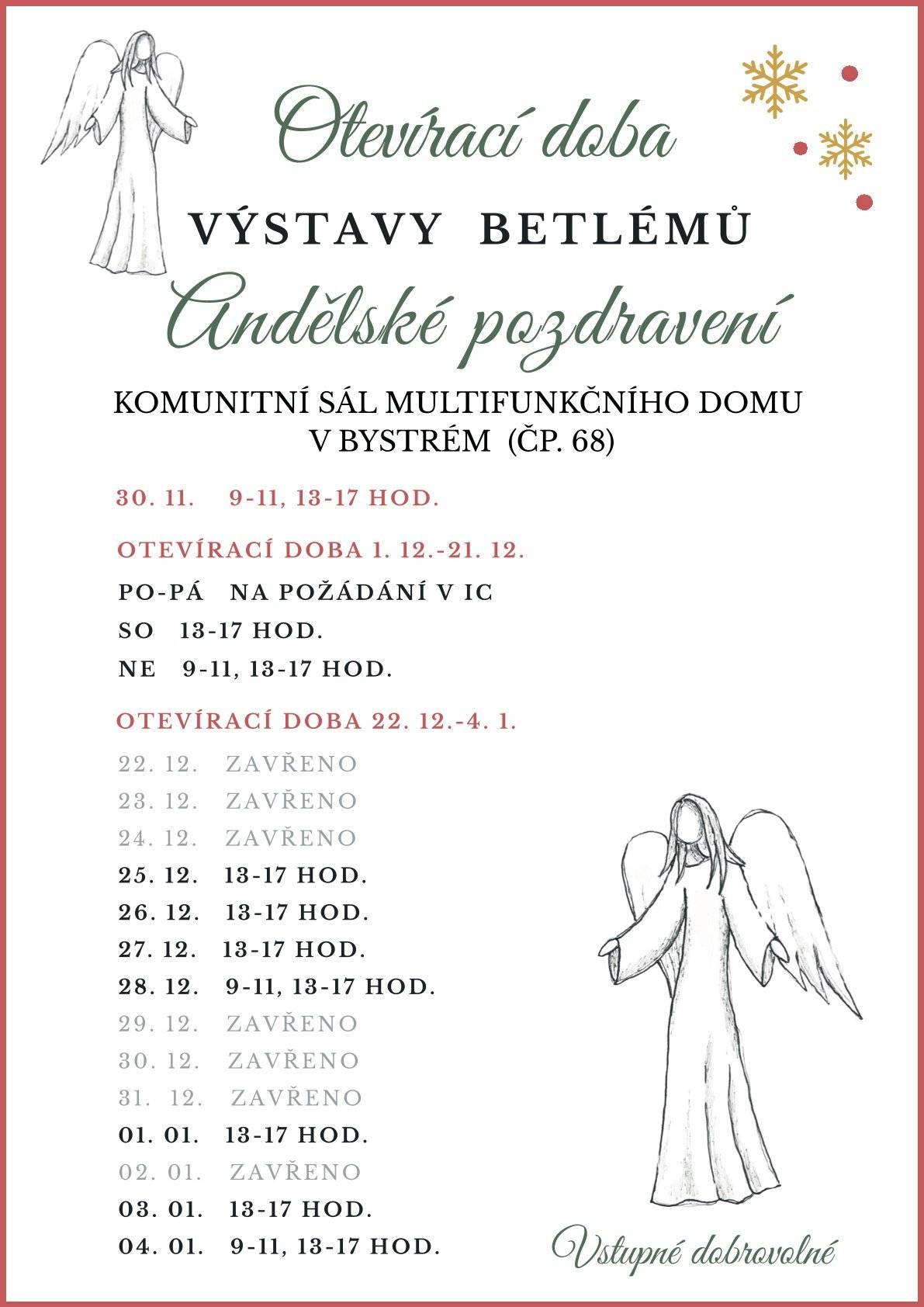 Kulturní komise města Bystré srdečně zve na výstavu betlémů do multifunkčníh domu v Bystrém, která potrvá od 30. 11. 2025 do 4.1.2026 v době uvedené na přiloženém plakátu. Komentované prohlídky možné domluvit i ve všední dny v adventu, v případě zájmu kontaktujte paní Terezii Uherkovou (724 756 900). Vstupné dobrovolné.