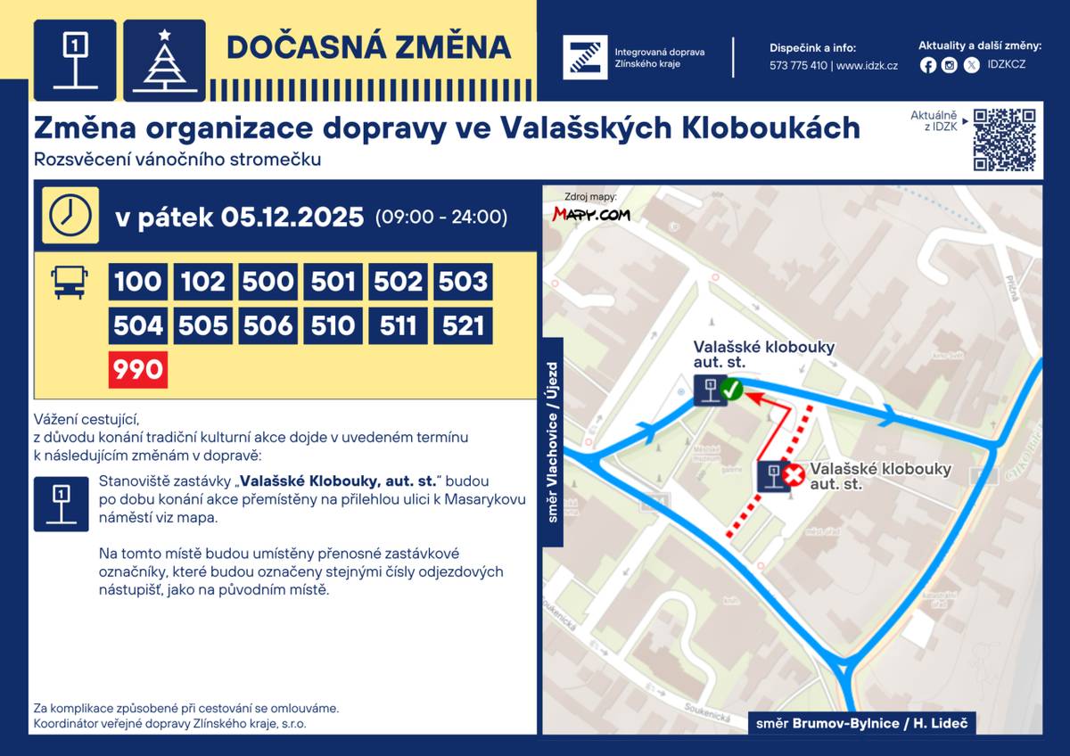 Informace ke změnám v organizaci veřejné dopravy ve Valašských Kloboukách ve dnech 5. a 6. prosince 2025.    Výlukové jízdní řády budou k dispozici na stránkách www.idzk.cz