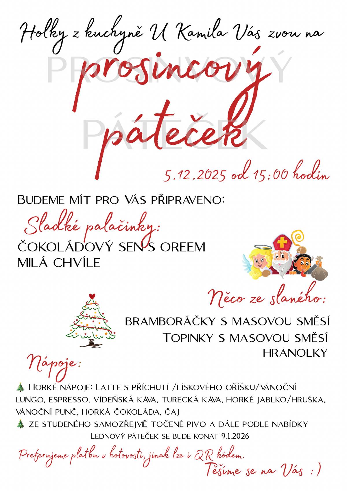 Holky z kuchyně U Kamila Vás zvou na prosincový páteček 5.12.2025 od 15:00 hodin. Těšíme se na Vás.