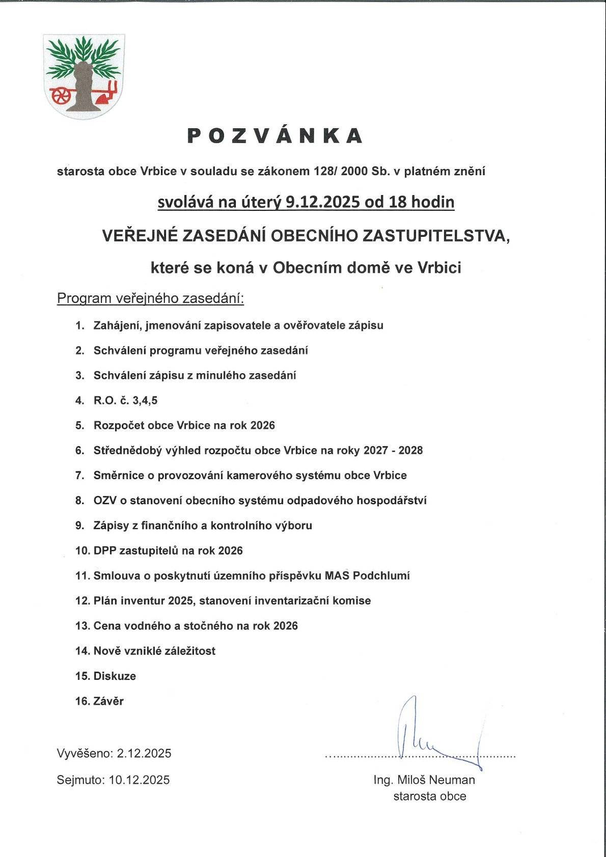 Pozvánka na veřejné zasedání OZ 9.12.2025