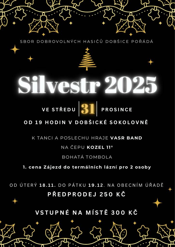 Sbor dobrovolných hasičů Dobšice pořádá na konci roku akci Silvestr 2025, která se koná ve středu 31. prosince od 19 hodin v dobšické sokolovně. Těšit se můžete na hudbu skupiny VASR BAND a pivo KOZEL 11. V rámci večera bude probíhat bohatá tombola, jejíž hlavní cenou je zájezd do termálních lázní p