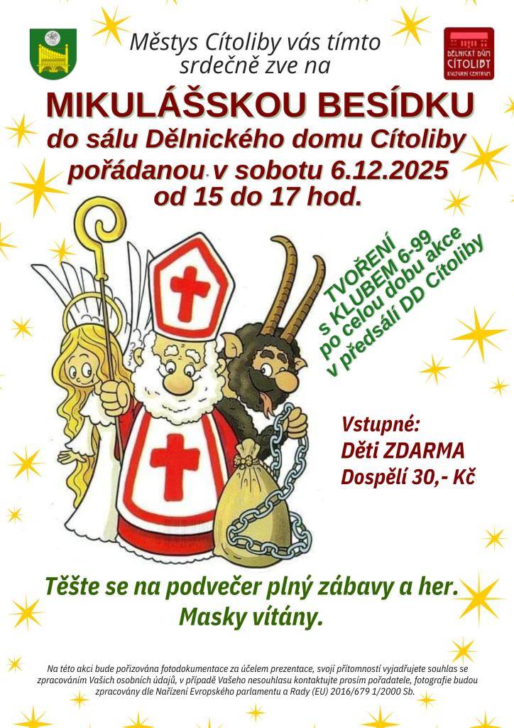 Srdečně zveme  v sobotu 6. 12. od 15:00 hodin na Mikulášskou besídku!