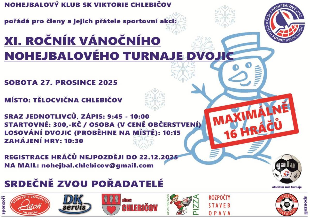 V sobotu 27. prosince od 10.30 hod. v tělocvičně v Chlebičově