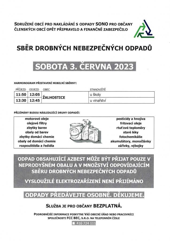 V sobotu 3. června 2023 proběhne v obci sběr drobných nebezpečných odpadů. Mobilní sběrny budou jako obvykle přistaveny na dvou stanovištích - u školy a u vinařství. Odpady předávejte osobně. Děkujeme.