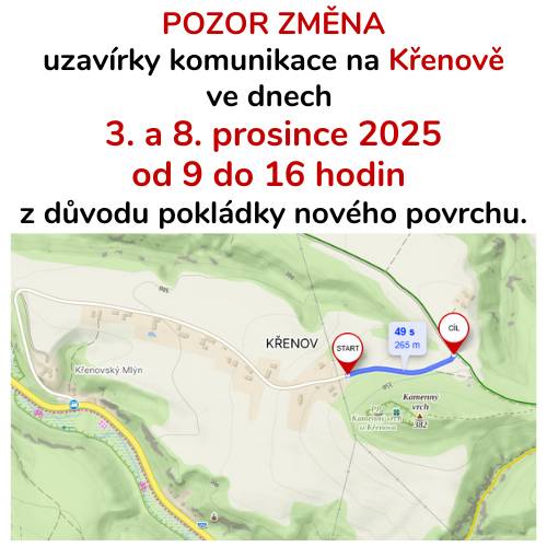 Z důvodu pokládky nového povrchu bude komunikace uzavřena  ve středu 3. prosince 2025 od 9:00 do 16:00  (místo původně plánovaného dneška). Další uzavírka proběhne v pondělí 8. prosince 2025 dle původního plánu.  Děkujeme za pochopení.